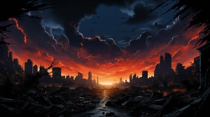 Dramatic post-apocalyptic cityscape at sunset