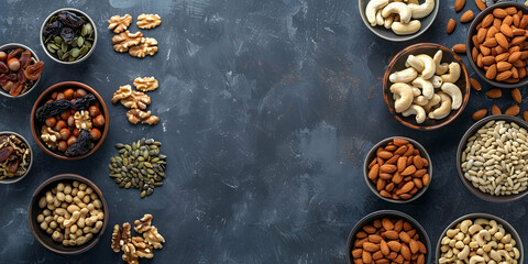 vertical view of an assortment of fruits and dried fruit on a worktop in a kitchen, space for copyboard
