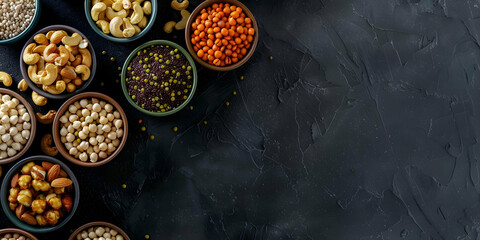vertical view of an assortment of fruits and dried fruit on a worktop in a kitchen, space for copyboard