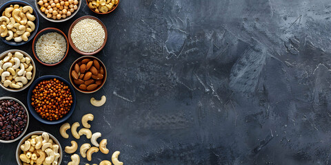 vertical view of an assortment of fruits and dried fruit on a worktop in a kitchen, space for copyboard