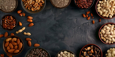 vertical view of an assortment of fruits and dried fruit on a worktop in a kitchen, space for copyboard