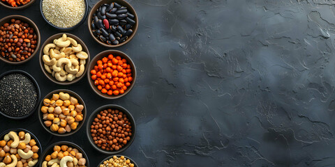 vertical view of an assortment of fruits and dried fruit on a worktop in a kitchen, space for...