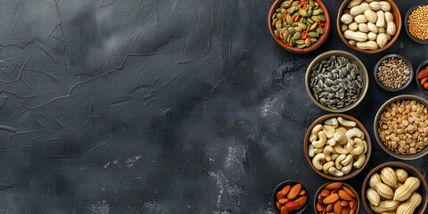 vertical view of an assortment of fruits and dried fruit on a worktop in a kitchen, space for copyboard
