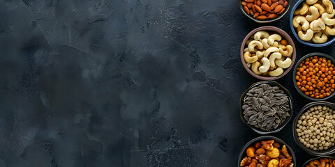 vertical view of an assortment of fruits and dried fruit on a worktop in a kitchen, space for copyboard