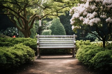 Peaceful garden bench in lush green setting