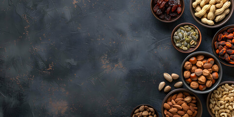vertical view of an assortment of fruits and dried fruit on a worktop in a kitchen, space for copyboard