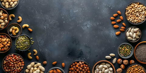 vertical view of an assortment of fruits and dried fruit on a worktop in a kitchen, space for copyboard