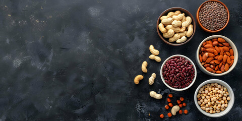 vue verticale d'un assortiment de fruits et fruit secs sur un plan de travail dans une cuisine, espace pour texte