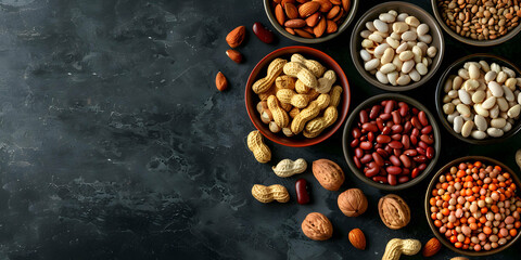 vertical view of an assortment of fruits and dried fruit on a worktop in a kitchen, space for...