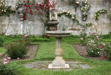 Beautiful Garden with Bird Bath, Climbing Roses, and Statues
