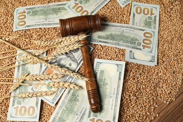Dollar banknotes, judge's gavel, wheat ears and grains on wooden table, top view. Agricultural...