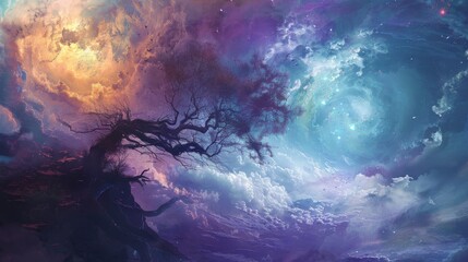 A tree is growing in the sky with a blue and purple background. The sky is filled with clouds and stars