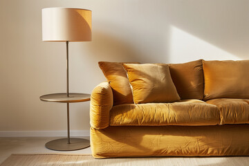 An elegant sofa in mustard yellow velvet centered on the right side with a sleek metal floor lamp beside it and soft lighting casting gentle shadows across its surface.