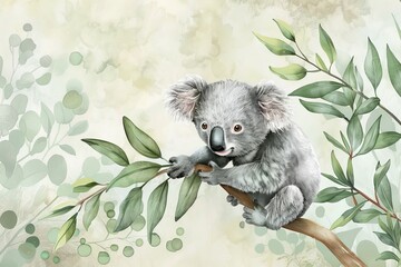 Sweet baby koala clinging to a eucalyptus branch, adding charm to Australian-themed projects