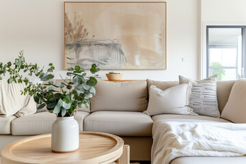 A modern living room with neutral tones, featuring an abstract painting on the wall above a beige sofa and round wooden coffee table. A vase of eucalyptus is placed next to it, adding fresh greenery.