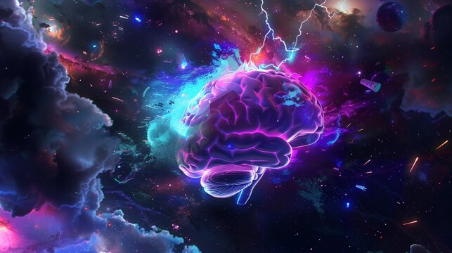 Psychedelic brain cosmic storm lightning mental power space illustration