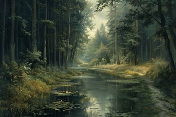 Forest river lush trees foggy dawn trees nature landscape water illustration