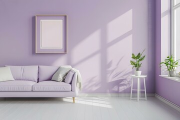 Minimalistyczne wnętrze salony z fioletową ścianą
