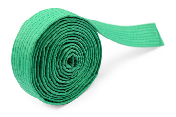 Green karate belt isolated on white. Martial arts uniform