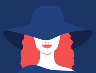 Portrait of a redhead woman in a hat. Abstract elegant woman with hat covering her eyes. Faceless portrait. Vector illustration