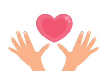 Cartoon hands holding pink heart. Symbolizing love, care and charity. Vector illustration