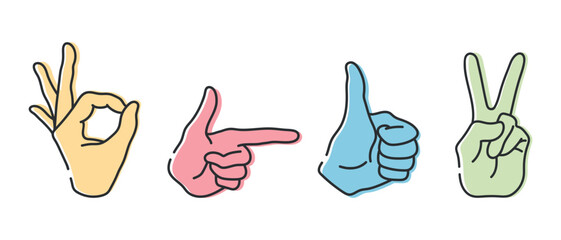 Hands with gestures OK, peace sign, thumb up and pointing index finger. Line icons set isolated on white background. Vector illustration
