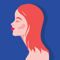 Beautiful redhead woman with red lips portrait.  Profile of a young female with a red hair. Vector illustration