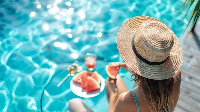 At breakfast, a woman takes a slice of watermelon while admiring the stunning blue pool from her table. This is a scene of summer vacation bliss, with delicious food and luxurious scenery.