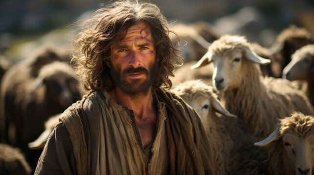 Rugged shepherd with sheep in the wilderness