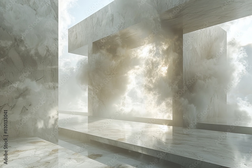 Poster sunbeams piercing through the gaps of a modern abstract architectural structure creating a dramatic 