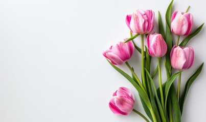 A bouquet of pink flowers with green stems. The flowers are arranged in a way that they are all facing the same direction. The arrangement is simple and elegant