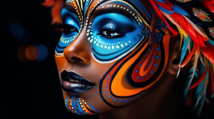 Vibrant face painting with feathers