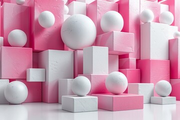 A stunning array of white and pink geometric 3D shapes creates a clean, artistic composition against a soft background