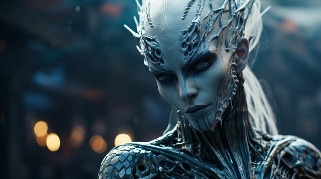 Futuristic alien woman with intricate cyberpunk makeup and headpiece