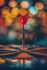 Darts target with arrow hit in the center on blurred bokeh background