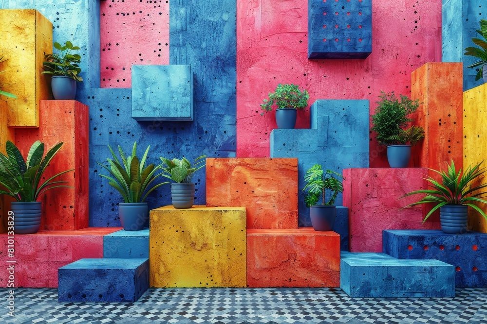 Poster vibrant image showcasing an array of geometric blocks in bright colors adorned with green potted pla