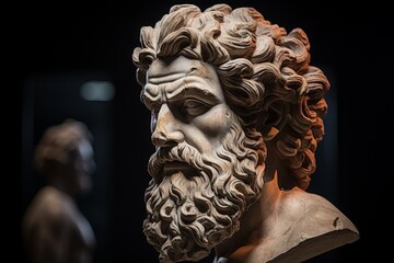 Detailed stone sculpture of a bearded man with ornate, flowing hair