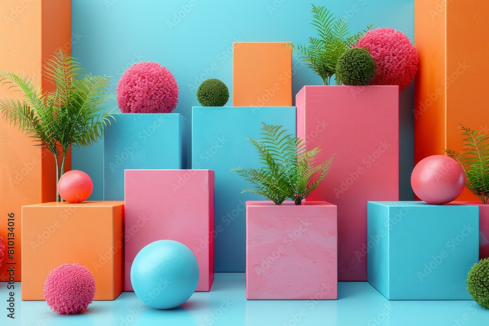 Poster a fresh and lively abstract composition featuring spherical objects and plants against a backdrop of