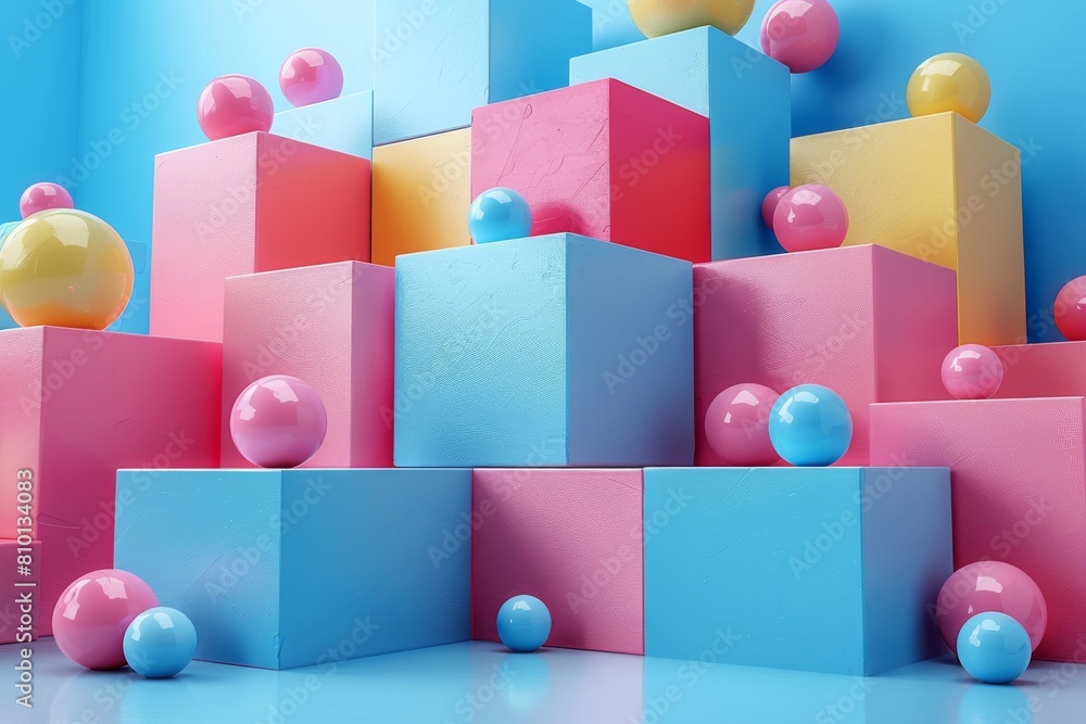Aufkleber brightly colored pink and blue geometric blocks artfully stacked with bouncing spheres creating a vi