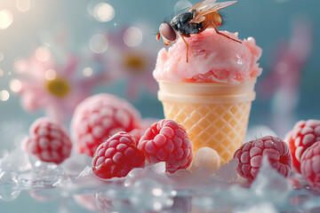 A macro close up of a vanilla ice cream cone with a large fly sitting on top, surrounded by raspberries and flowers on a blue background, illustrating the unhygienic aspect of insects on food.
