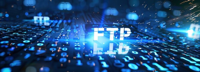 FTP written in white on a blue background, with a binary code pattern and random numbers around it.