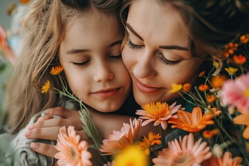 A woman and a child are hugging each other while surrounded by flowers. The woman has a warm and loving expression on her face, and the child looks happy and content. Concept of love, affection