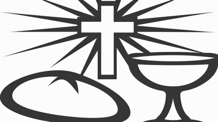 Minimalist black and white vector illustration depicting bread and wine alongside wheat, symbolizing the Body and Blood of Christ in Christian Eucharist.