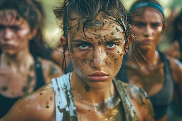 Obraz premium A woman with her face covered in mud and dirt
