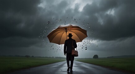 person with umbrella with musical notes flying out of it,