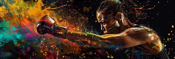 Black background, a female boxer with colorful paint splash in the style of digital art, dramatic lighting, dynamic pose Generative AI - obrazy, fototapety, plakaty