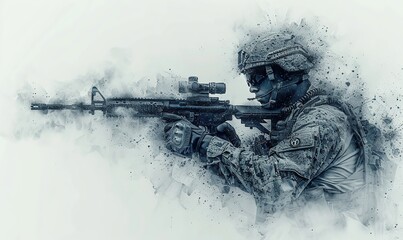 Special forces soldier with assault rifle in action. Digital painting illustration.