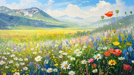 Field of Wildflowers: A vast field bursts with wildflowers, from daisies to poppies, creating a vivid tapestry of colors that stretches across the landscape