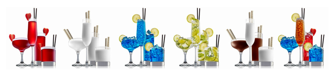 Set of cocktails with decoration from fruits isolated on white background