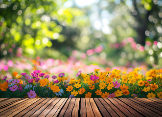 wooden table with colorful flower as background. Empty perspective old wooden balcony terrace floor with colorful cosmos flowers blooming in the field background. Wood bridge and flower garden.